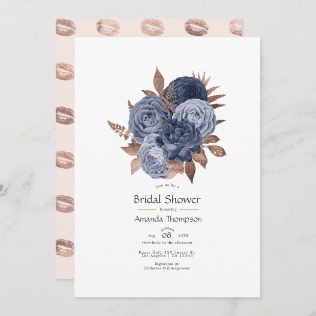 Dammig blå och roséguld blomsterbröllopsfest inbjudningar (Fram/baksida)