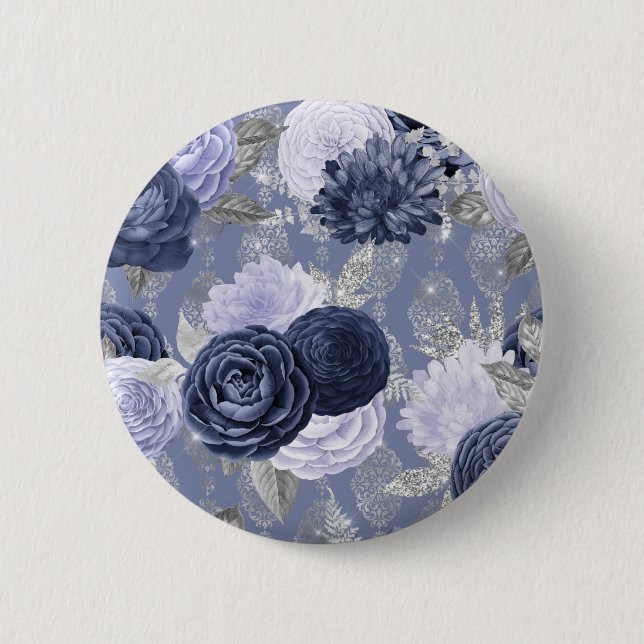 Dammig blå och silver blommande brölloppsslips knapp (Framsida)