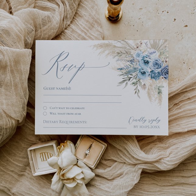 Dammig blå Pampasgräs Boho bröllop RSVP Svar (Dusty Blue Pampas Grass Boho Wedding RSVP Reply Card)