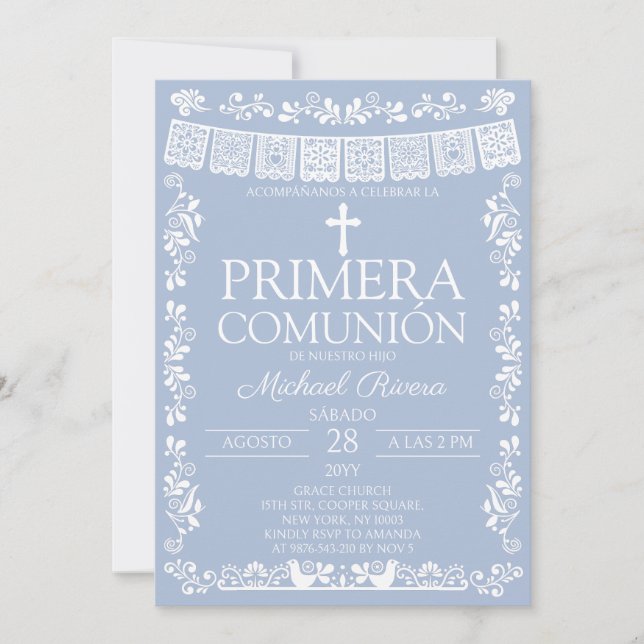 Dammig blå Papel Picado Primera Comunión Inbjudningar (Framsida)