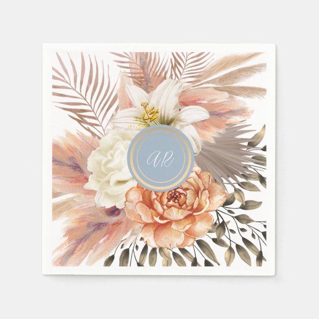 Dammig blå persika blommig bröllop pappersservett (Framsidan)