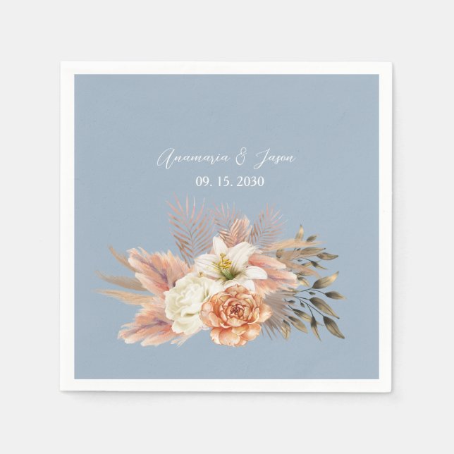 Dammig Blå Persika Blommig Bröllop Pappersservett (Framsidan)