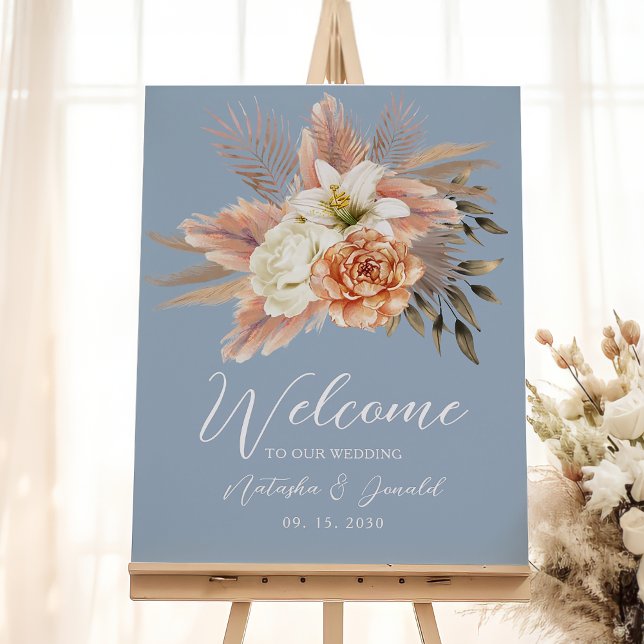 Dammig blå persiko blomsterbröllop välkomstskylt poster (Skapare uppladdad)