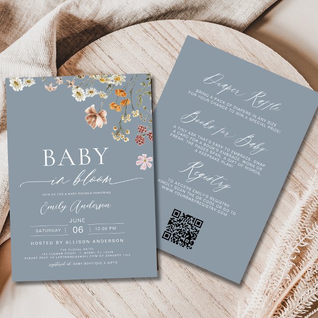 Dammig blå QR-kod Wildflower Baby i blom Invitatio Inbjudningar (Skapare uppladdad)