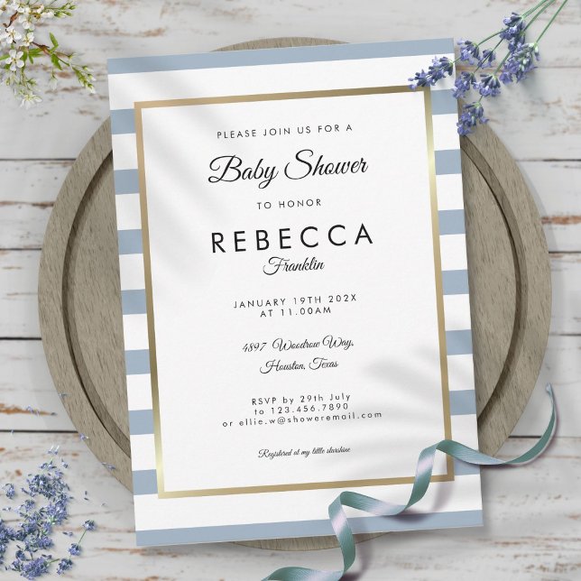 Dammig blå randig guld babyfest inbjudningar (Dusty Blue Stripe Gold Baby Shower Invitation)