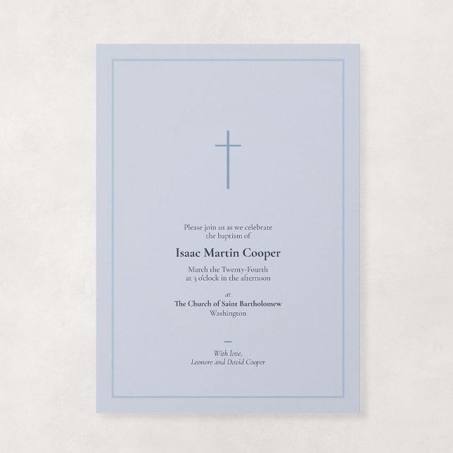 Dammig blå religiös minimal korsdop inbjudningar (Grace - Minimal Cross Baptism Invitation in Dusky Blue)