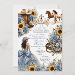 Dammig blå ros solros Vaquera Quinceañera Inbjudan
