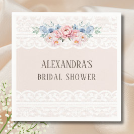 Dammig blå rosa blomig vintage spets bröllopsdusch pappersservett