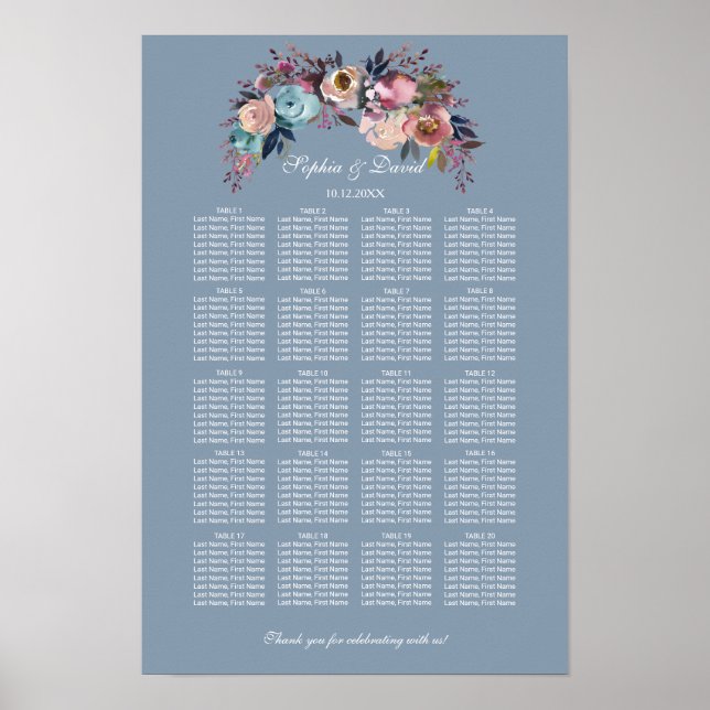 Dammig blå rosa blomster sittplatskarta 160 gäster poster (Framsidan)