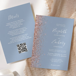 Dammig blå roséguld glitter QR-kod bröllop Inbjudningar