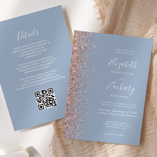 Dammig blå roséguld glitter QR-kod bröllop Inbjudningar (Skapare uppladdad)