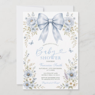 Dammig blå rosett Baby Shower Blomma Inbjudningar