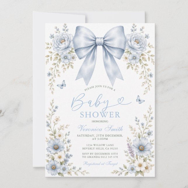 Dammig blå rosett Baby Shower Blomma Inbjudningar (Framsida)