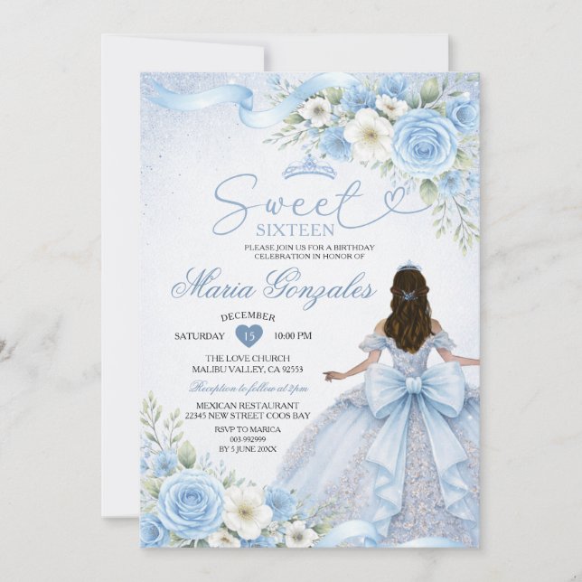 Dammig blå rosett prinsessa blomkrona Sweet Sixtee Inbjudningar (Framsida)