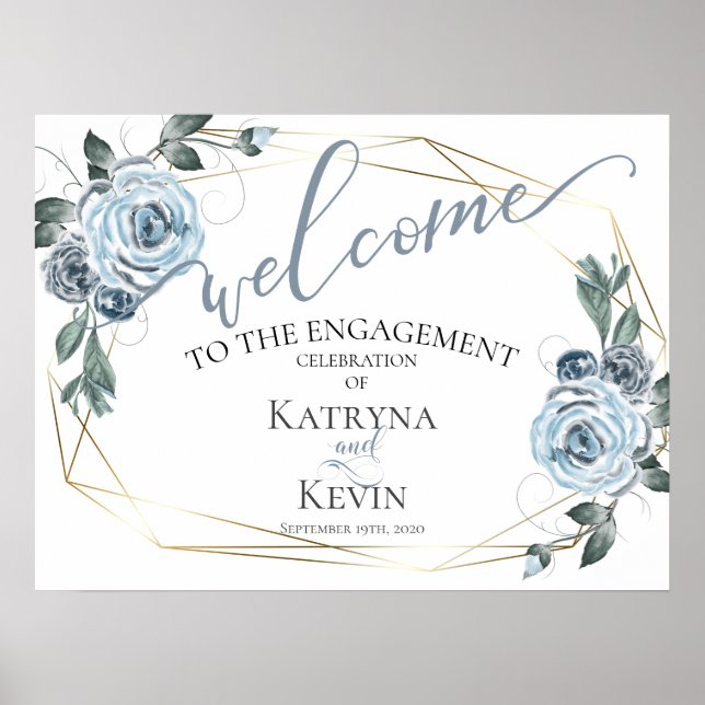 Dammig Blå Rustikalt Blommigt Förlovningsvälkomst Poster (Framsidan)