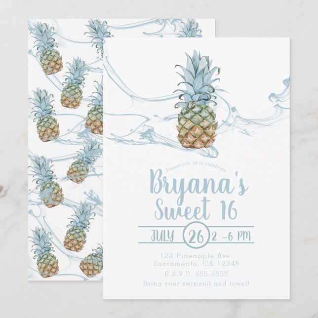 Dammig blå saftig Ananas sommar Sweet 16-fest Inbjudningar (Fram/baksida)