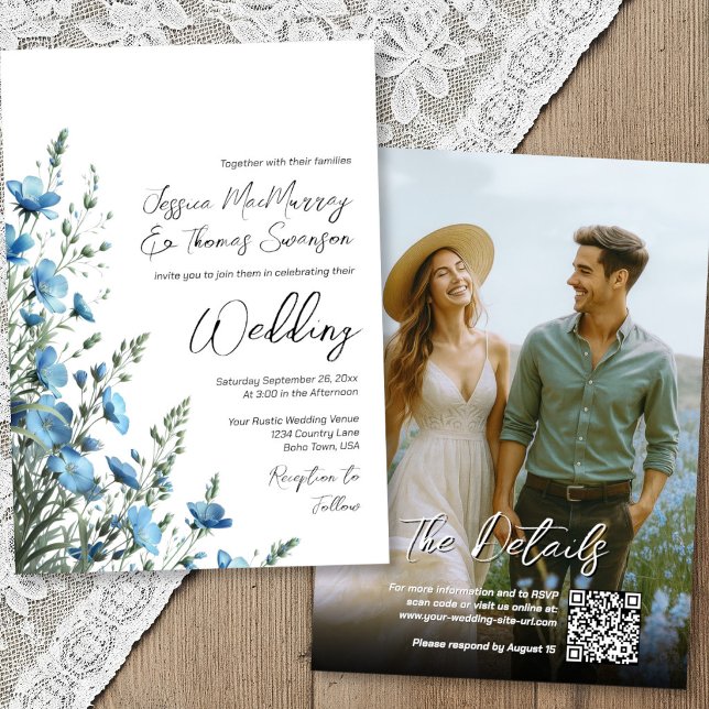 Dammig blå Salvia Boho Vilda blommor Foto QR Bröll Inbjudningar (Front/Back)