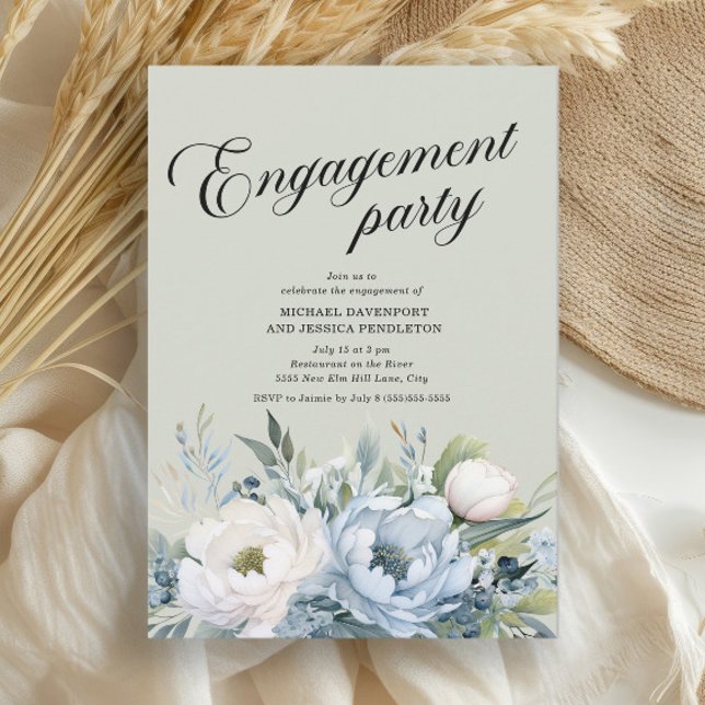 Dammig blå salvia grön förlovningsfest inbjudningar (Dusty blue and white watercolor floral engagement party invitation)