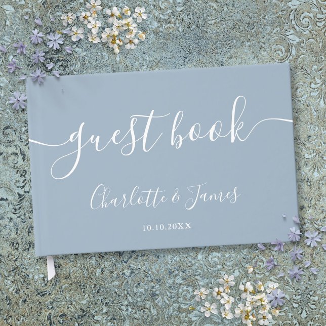 Dammig blå signatur skript bröllop gästböcker (Dusty Blue Signature Script Wedding Guest Book)