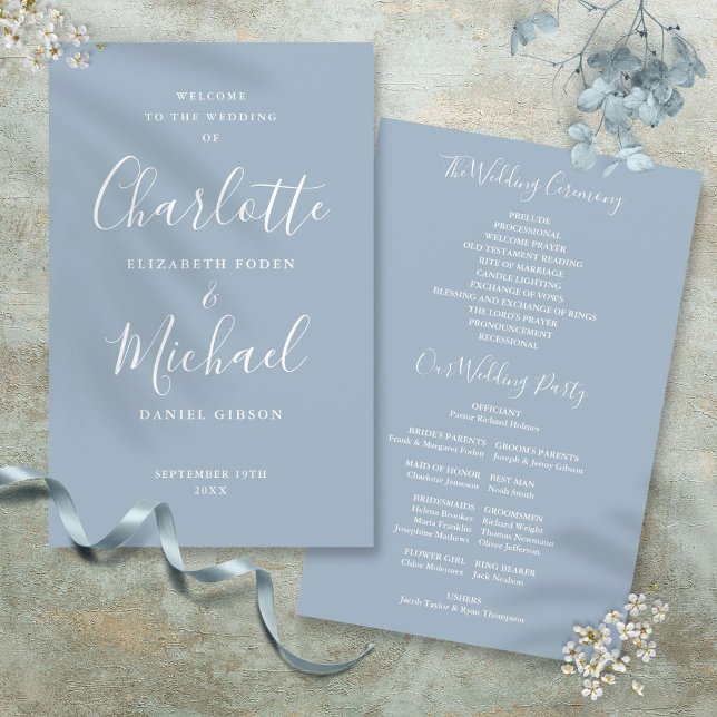 Dammig blå signaturskript bröllopsprogram (Dusty Blue Signature Script Wedding Program)