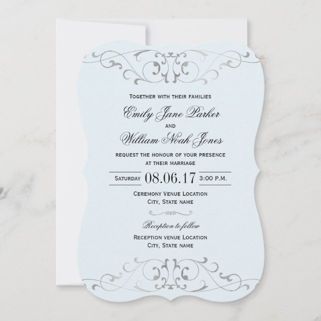 Dammig blå silver elegant bröllopsinbjudan inbjudningar (Framsida)
