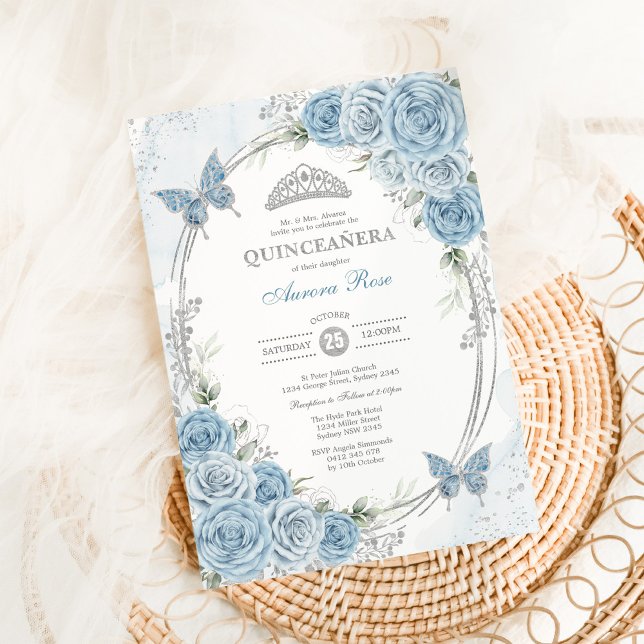 Dammig blå silver Quinceanera 15-års födelsedagsfe Inbjudningar (Skapare uppladdad)