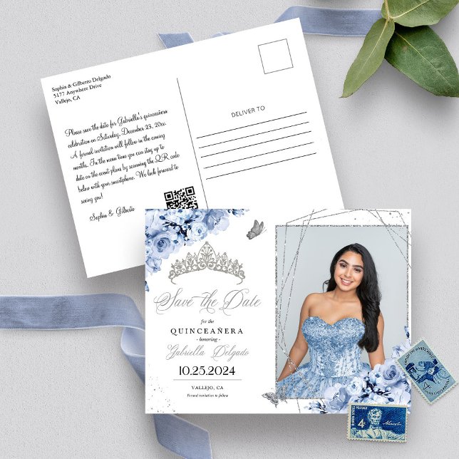 Dammig blå silver tiara Quinceañera foto vykort (Skapare uppladdad)