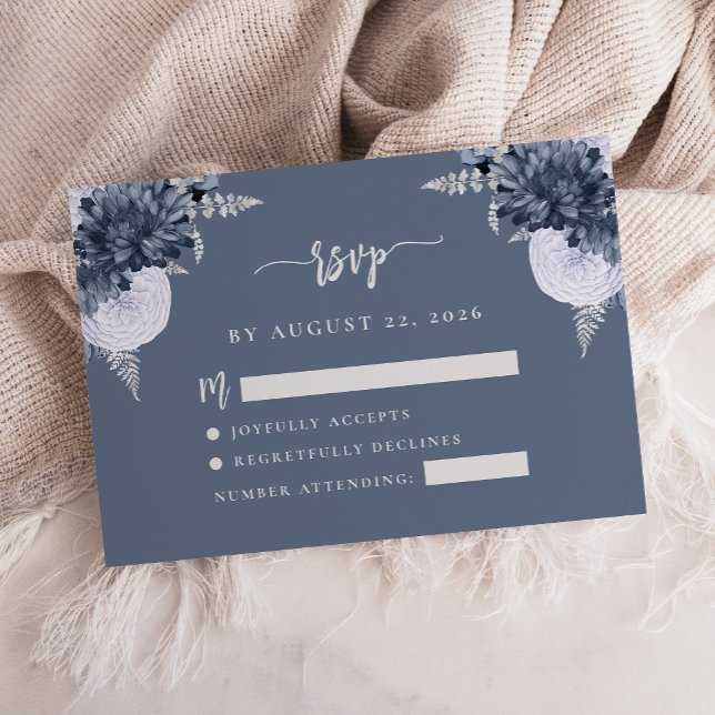 Dammig blå silverblommig script bröllop RSVP Tilläggskort (Skapare uppladdad)