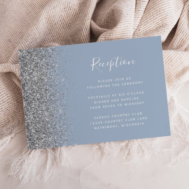 Dammig blå silverglitter bröllopsmottagning tilläggskort (Skapare uppladdad)