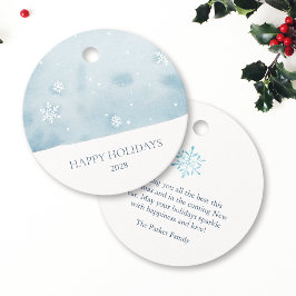 Dammig blå snöflinga gåvor etiketter