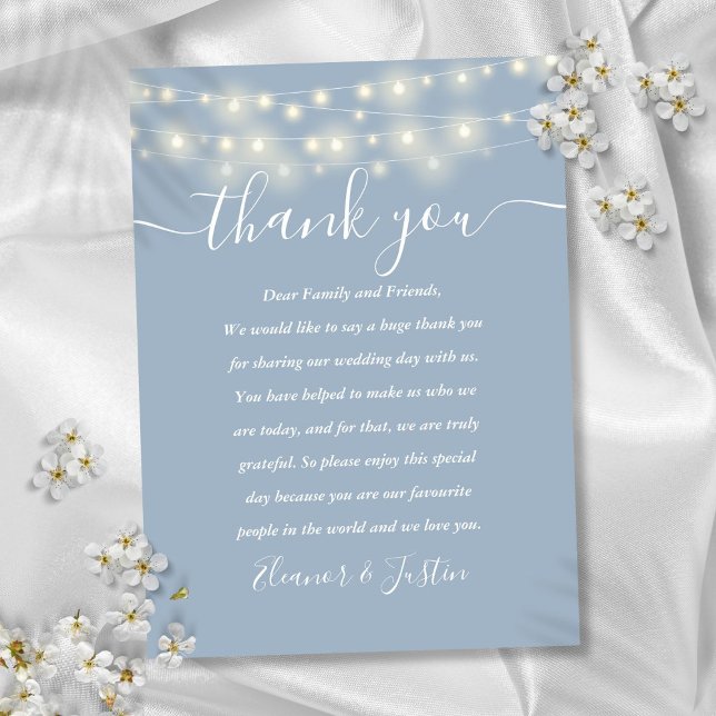Dammig blå strängljus bröllop tack ställe  placeringskort (Dusty Blue String Lights Wedding Thank You Place Place Card)