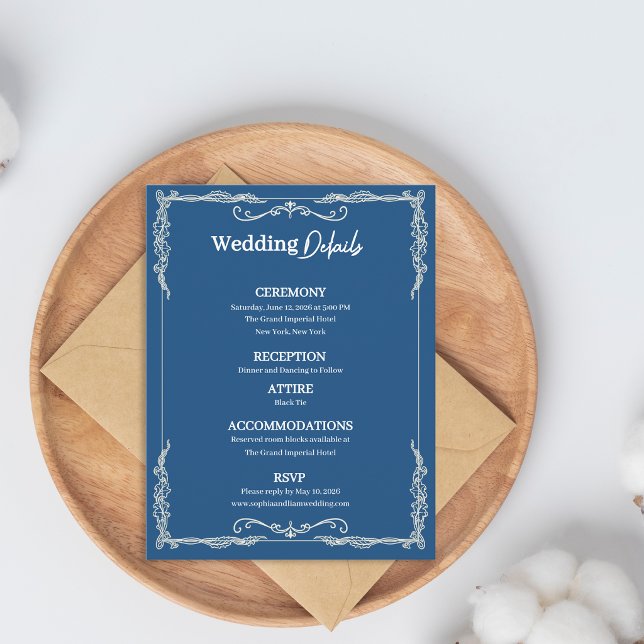 Dammig blå svart tie bröllop detaljer information tilläggskort (Dusty Blue Wedding Details Card Elegant Enclosure Card Black Tie Wedding Information Card)