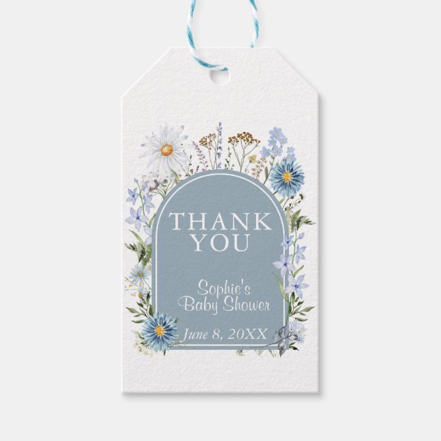 Dammig Blå Te Parti Bebis I Knopp Baby Shower Presentetikett (Framsidan)