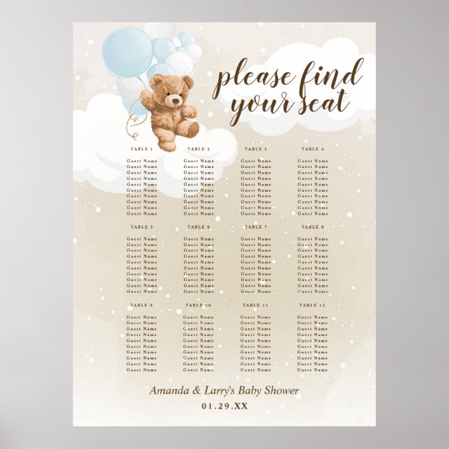 Dammig blå teddybjörn med ballonger sittplan poster (Framsidan)