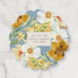 Dammig blå trädgårdsblommor vår bröllopsdusch gåvor etiketter