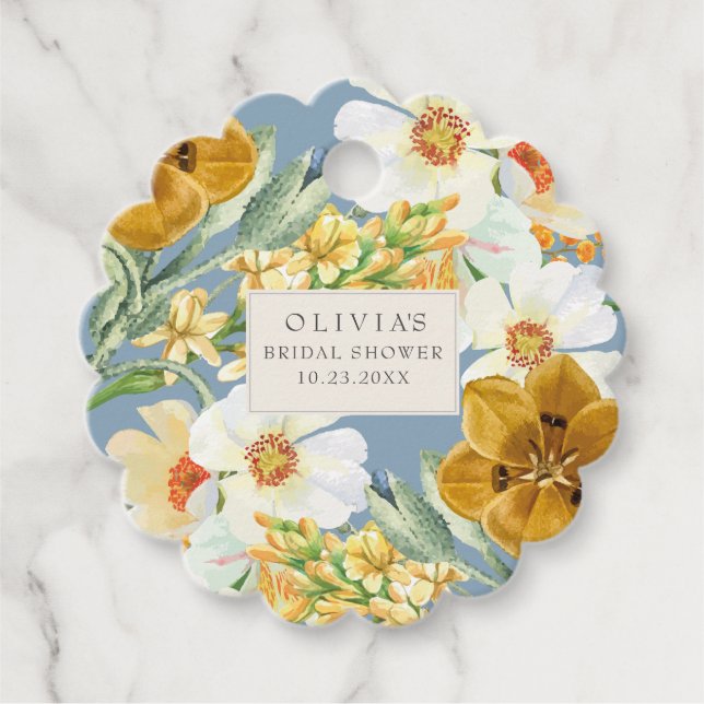 Dammig blå trädgårdsblommor vår bröllopsdusch gåvor etiketter (Framsida)