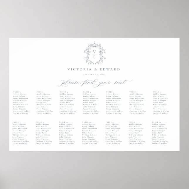 Dammig blå vapen monogram bröllops sittplatskarta poster (Framsidan)