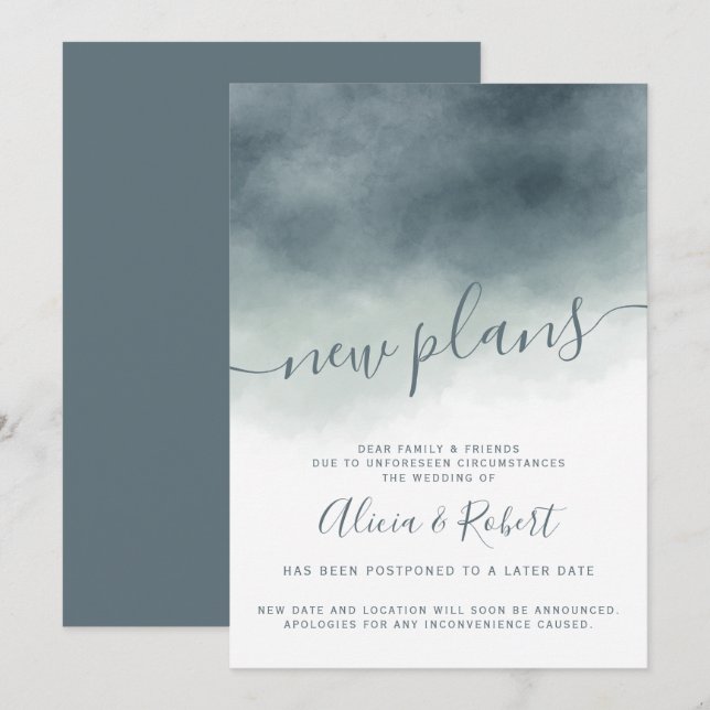 Dammig blå vattenfärg ombré uppskjutna nya planer inbjudningar (Fram/baksida)