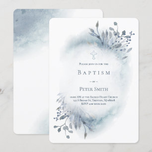 dammig blå vattenfärgsgrå baptism pojke inbjudningar