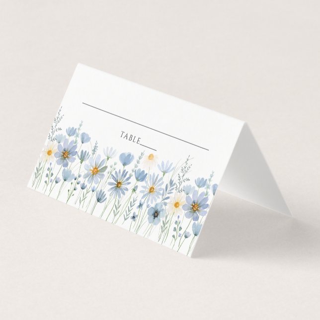 Dammig blå vildblomma blommig vigsel platskort kort (Framsida)