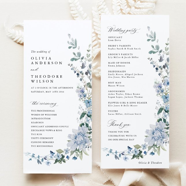 Dammig Blå Vildblomma Bröllopsceremoni Program (Dusty Blue Wildflower Wedding Program Card, Blue Floral Ceremony Program, Party Program Stationery)