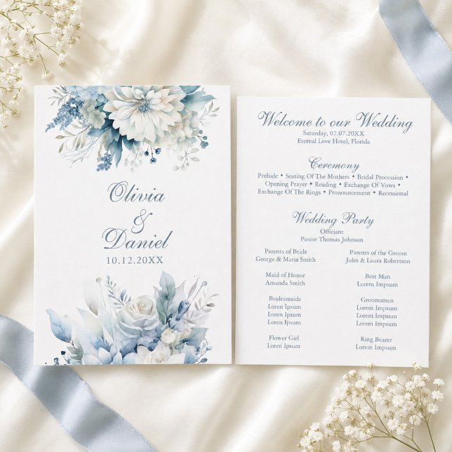 Dammig blå vildblomma bröllopsprogramkort program (Dusty Blue Wildflower Wedding Program Card)
