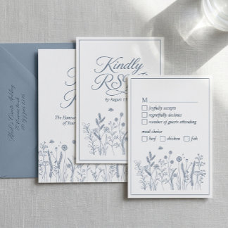 Dammig blå vildblomma elegant script bröllops RSVP OSA Kort