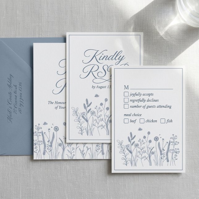 Dammig blå vildblomma elegant script bröllops RSVP OSA Kort (Skapare uppladdad)