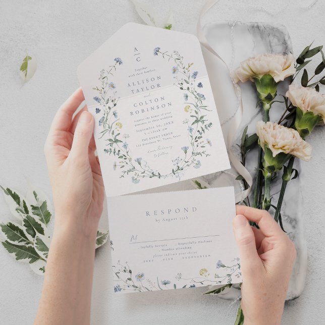 Dammig blå vildblomma rustik boho vigselmonogram (Dusty Blue Wildflower Rustic Boho Wedding monogram All In One Invitation)