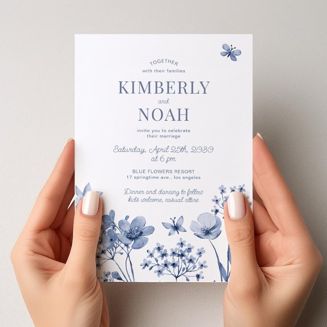 Dammig blå vildblommor boho vit bröllopsfest inbjudningar (Skapare uppladdad)
