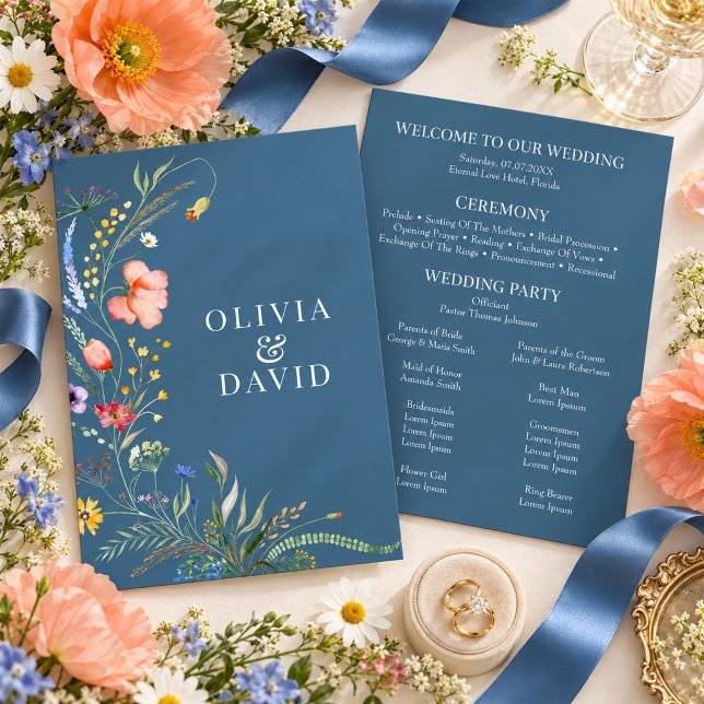 Dammig blå vildblomsäng bröllopsprogram inbjudningar (Dusty Blue Wildflower Meadow Wedding Program)