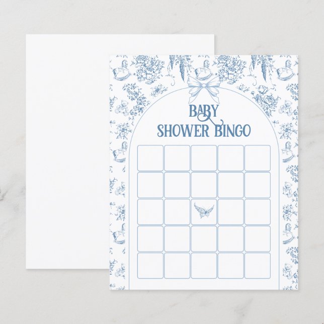 Dammig blå vintage blommig baby shower Bingo spel (Fram/baksida)