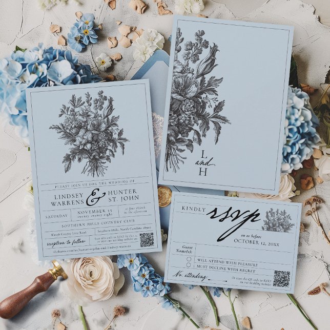 Dammig blå vintage blomster romantisk trädgård brö inbjudningar (Elegant dusty blue vintage floral romantic garden minimalist QR code classic wedding invitation)