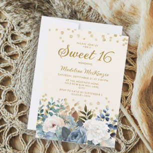 Dammig blå vit blomster guld glitter Sweet 16 Inbjudningar